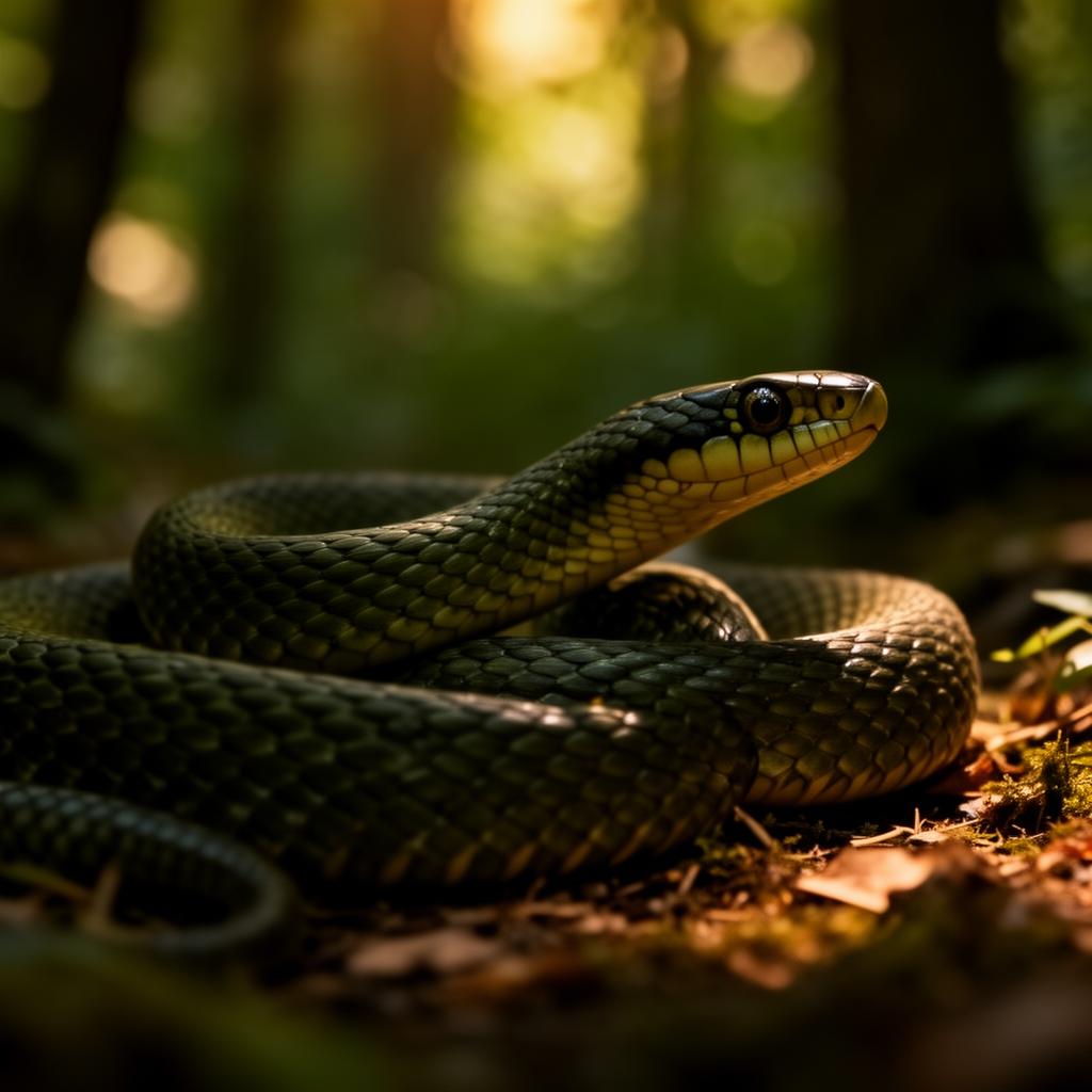 Snake coiled in dappled forest light